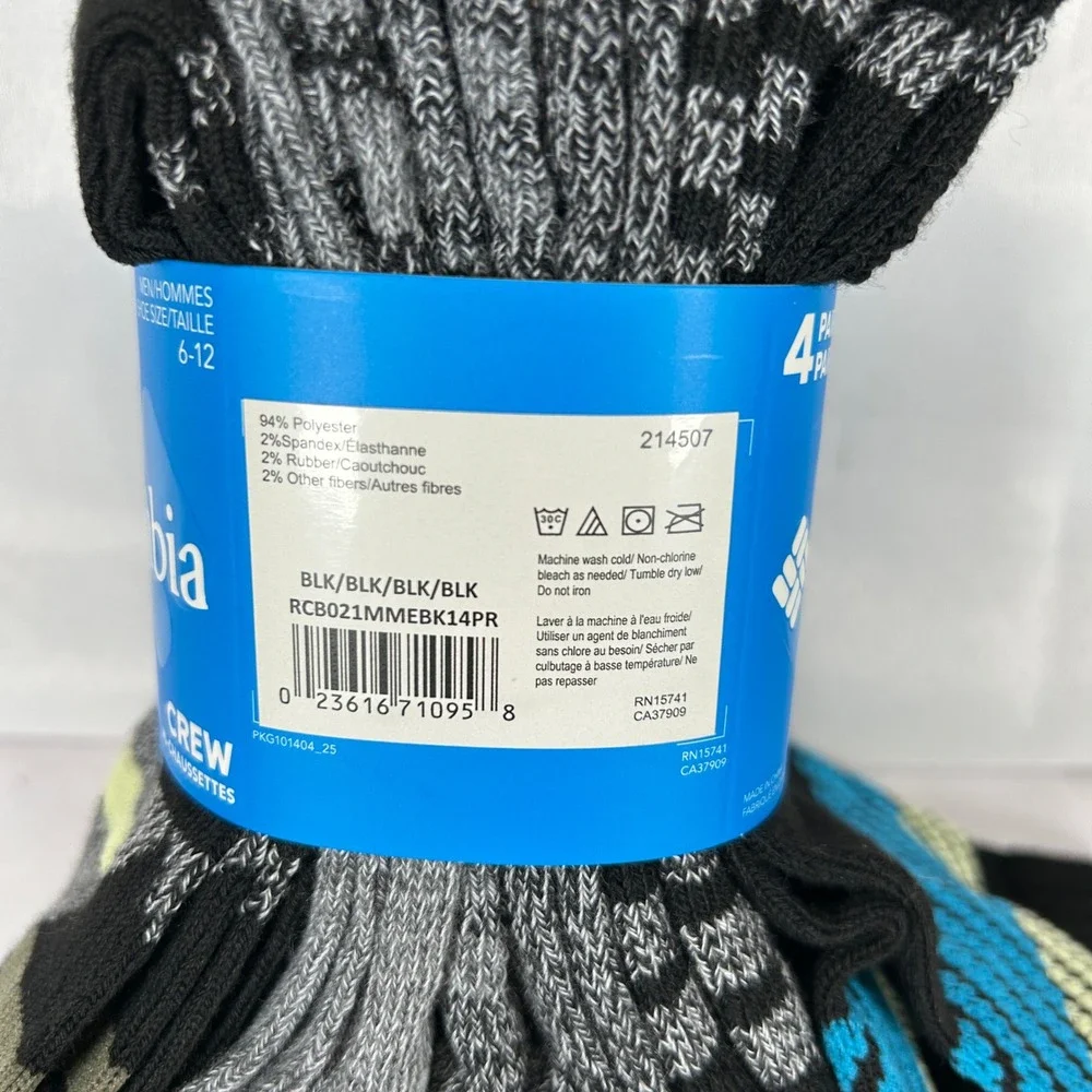 Columbia Mens 8 Pairs Crew Socks Black Gray Blue Size 6-12 RL8021MMEBK14PR